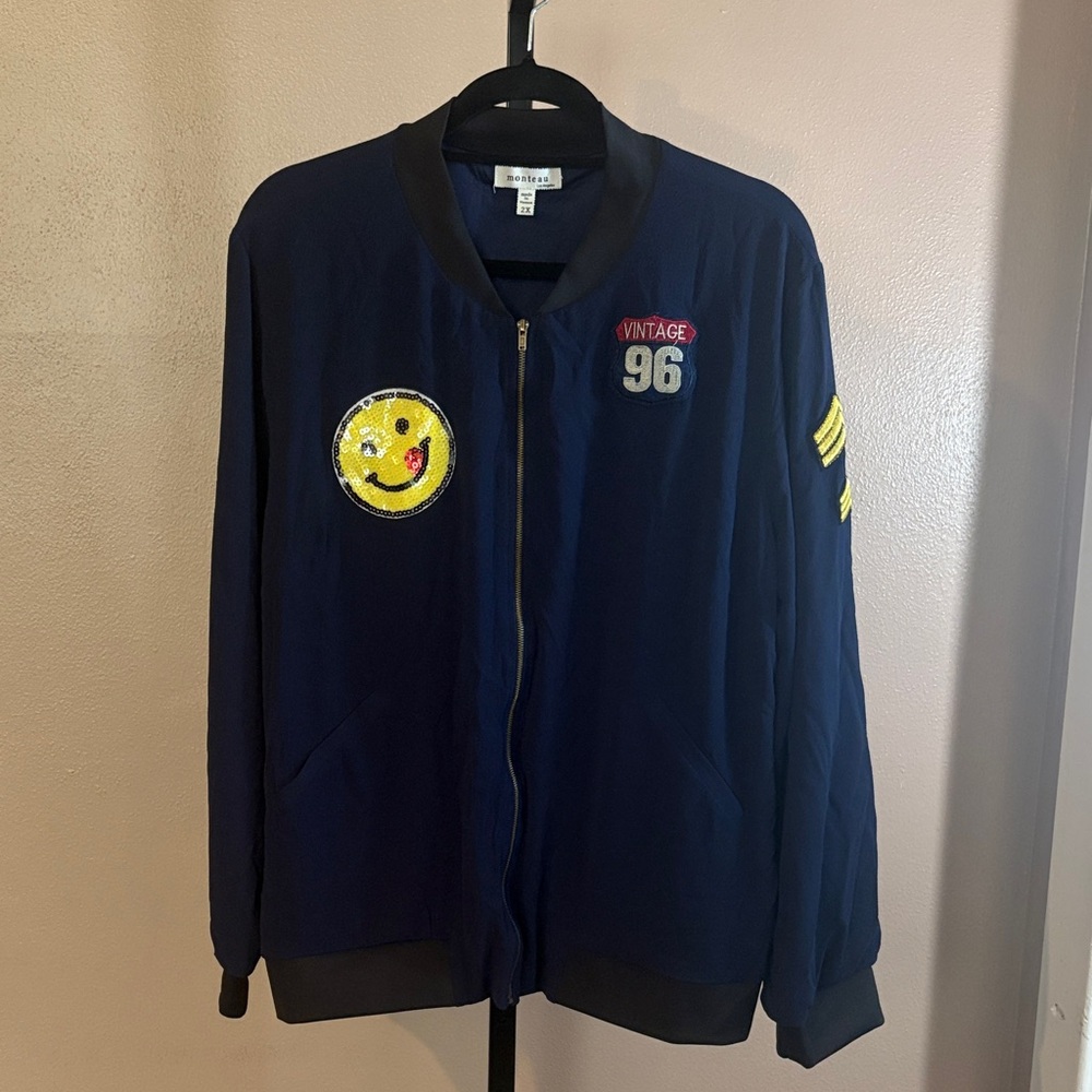 Monteau Blue Bomber Jacket with Patches - Picture 1 of 5